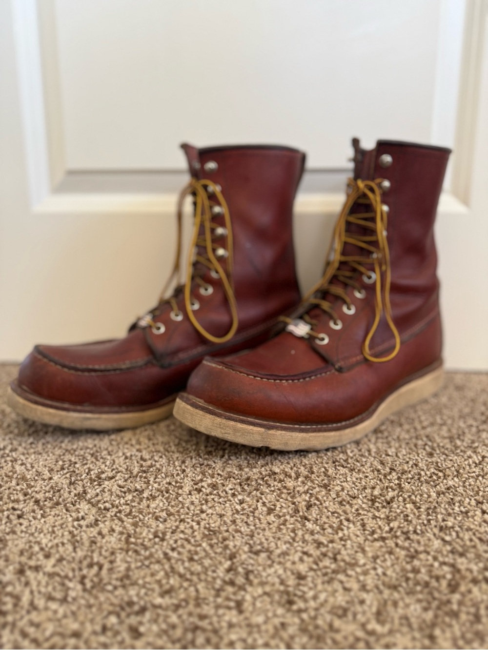 Red Wing Shoes Moc Toe Work Boots in Burgundy with Yellow Laces 877